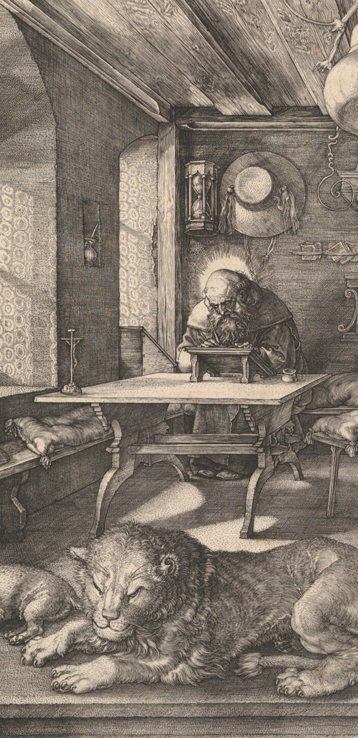 Saint Jerome, translator of the Bible into Latin (the Vulgate) and thus the exemplar of the Christian scholar, is seated in a typical study of Dürer's day. He works peacefully at a slanted writing table, and his lion and dog slumber equally peacefully in t